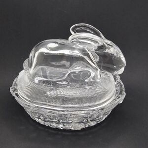 Vtg Glass Bunny On Nest Clear No Chips